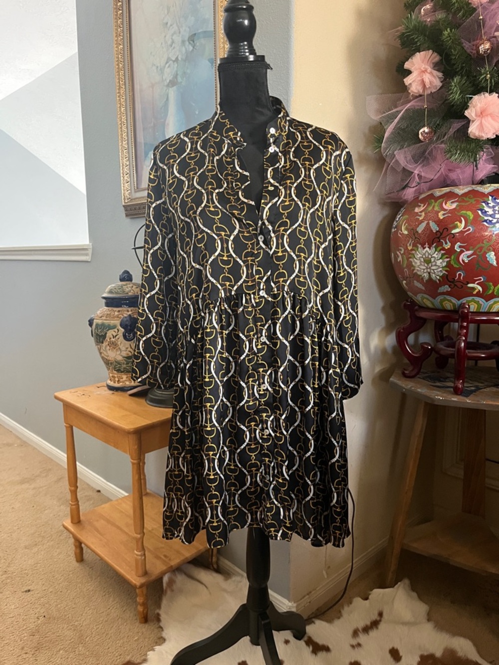 Zara Black Long-Sleeve Chain-Print Tiered Shirt Dress